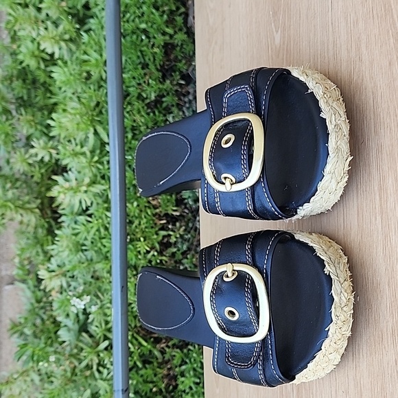Coach Women's Sz 10 B Greer Black Leather Jute Wedge Gold Buckle Sandals - Picture 2 of 13